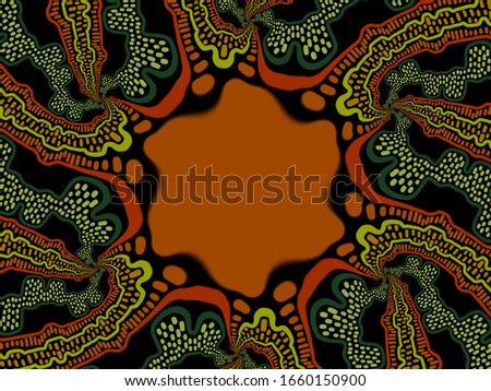 A hand drawing pattern made of orange yellow and green on a black background 