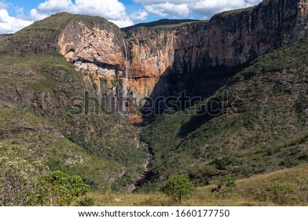 Tabuleiro waterfall, with 273 meters of free fall, inside a canyon, Conceicao do Mato Dentro, state of Minas Gerais, Brazil