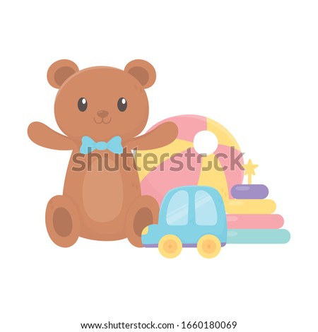 kids zone, teddy bear car stacking tower plastic ball cartoon toys vector illustration