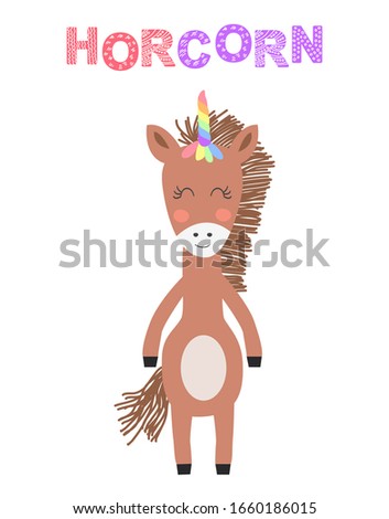 Little Cute Horse with a unicorn horn. Scandinavian Print or Poster Design