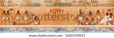 Ancient egypt. Template for design. Hieroglyphic carvings on the exterior walls temple. Gods and people. Old history and culture. Hand drawn vector. Grunge background  Royalty-Free Stock Photo #1660194043