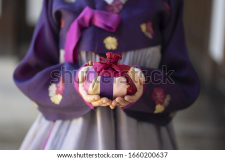 Woman in Korean traditional clothes holding lucky bag
 Royalty-Free Stock Photo #1660200637
