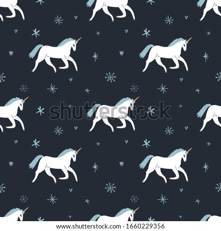 Cute hand drawn winter doodle unicorn nursery seamless pattern in Scandinavian style. Christmas and New Year theme. Magical horse concept. Vector EPS clip art design