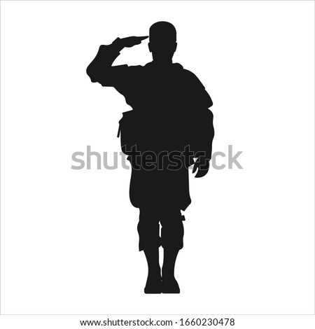 Standing military army soldier giving salute silhouette sign or symbol or icon or logo. Veteran's day or independence day salutation. 4th of July patriotism - Simple vector illustration. Royalty-Free Stock Photo #1660230478