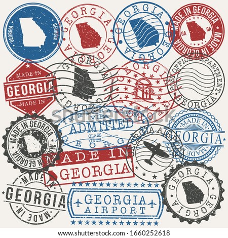 Georgia, USA Set of Stamps. Travel Passport Stamps. Made In Product. Design Seals in Old Style Insignia. Icon Clip Art Vector Collection.