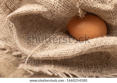 Chicken eggs on a background of rough homespun fabric. Close up.