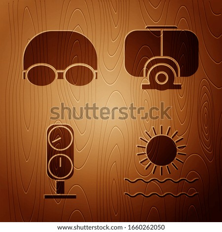 Set Sun and waves, Glasses and cap for swimming, Gauge scale and Diving mask on wooden background. Vector