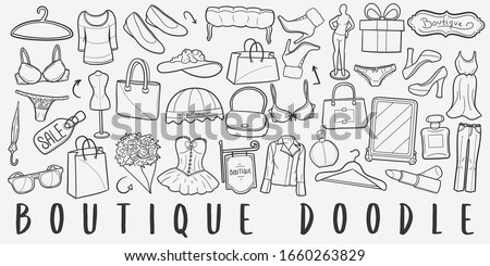 Boutique Shopping Doodle Line Art Illustration. Hand Drawn Vector Clip Art. Banner Set Logos.