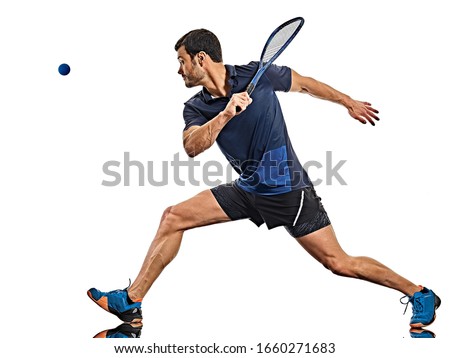 one caucasian mature man practicing squash player in studio isolated on white background Royalty-Free Stock Photo #1660271683