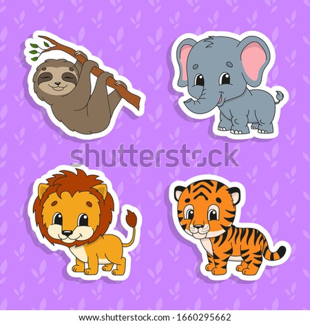 Set of bright color stickers. Orange lion. Orange tiger. Gray elephant. Brown sloth. Cute cartoon characters. Wild animals. Vector illustration isolated on color background.