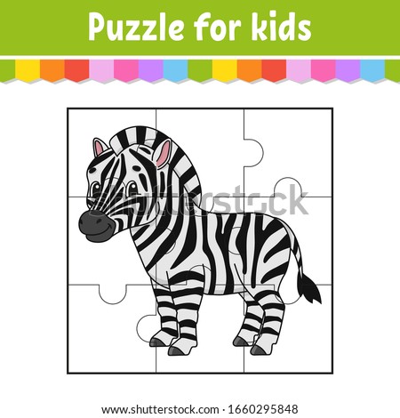 Puzzle game for kids. Cute zebra. Education worksheet. Color activity page. Riddle for preschool. Isolated vector illustration. Cartoon style.