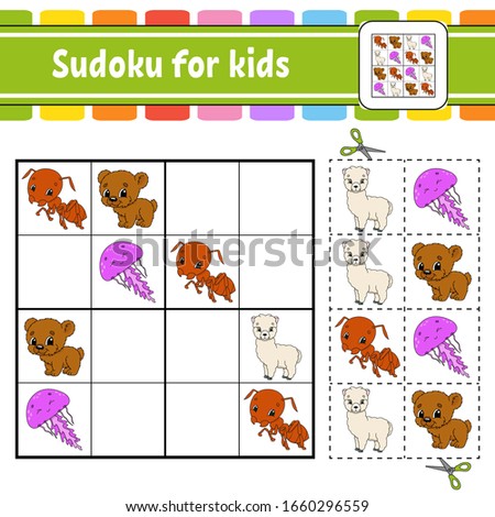 Sudoku for kids. Education developing worksheet. Activity page with pictures. Puzzle game for children. Set animals. Isolated vector illustration. Funny character. Cartoon style.