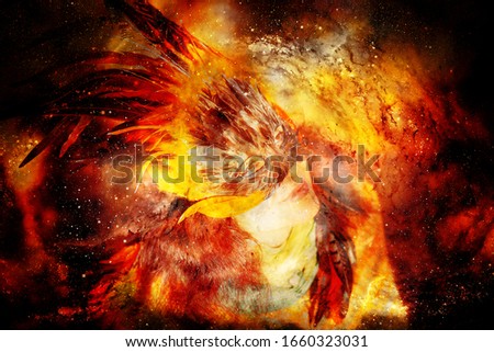 Young woman with a colorful feather face mask on abstract structured space background.