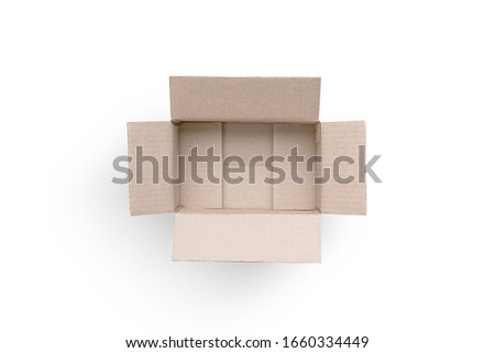 Open cardboard box isolated on white background. Top view of brown box for shopping online idea. With clipping path.