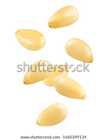 Falling Pine nuts isolated on white background, clipping path, full depth of field Royalty-Free Stock Photo #1660349134
