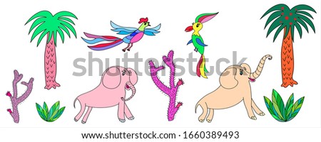 Set of cute animals and plants. Elephants, birds, palms and cacti. Isolated, vector illustration, clip art.
