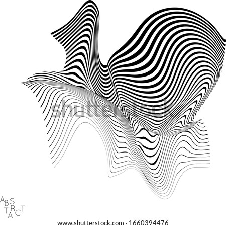Abstract striped animal creature. Black and white optical art. Bird or fish illustration showing wavy body moment. Wild life simplified abstraction.