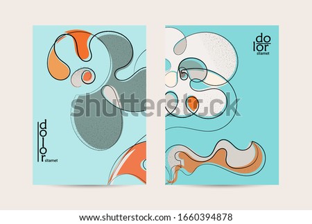 Abstract vector flyer template with hand drawn fruits grunge textured. Flat colored food concept illustration. Healthy eating brochure layout. Line art fruit logo design. Curvy wavy lines.