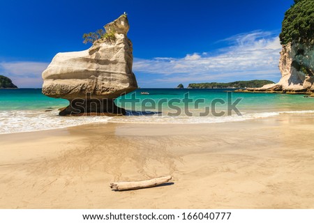 Summer Landscape with Green Field and Blue Sky on the Pacific Ocean coast, Coromandel Peninsula, North Island, New Zealand Royalty-Free Stock Photo #166040777