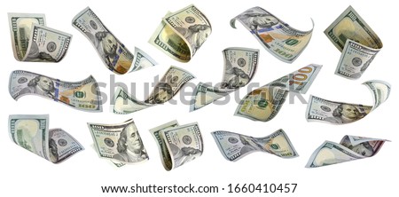 Flying US hundred dollars collection Benjamin Franklin on 100 dollar bank note isolated on white background. This has clipping path.  Royalty-Free Stock Photo #1660410457