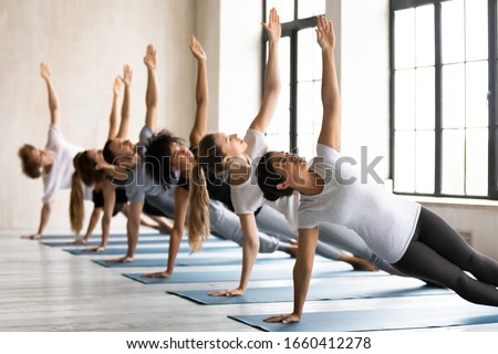 During morning yoga session lead by Indian ethnicity female coach group of multi-ethnic seven young people performing Side Plank Pose or Vasisthasana increase stability for shoulders, hips, and spine Royalty-Free Stock Photo #1660412278