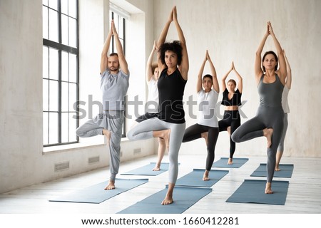 African ethnicity woman yoga coach performs asana standing in Tree Pose or Vrikshasana balancing position with group of multiracial millennial people during morning session, exercise improve stability Royalty-Free Stock Photo #1660412281