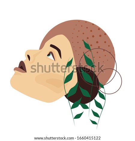 Colorful abstract woman face collage with circle shape and green plant leaf vector flat illustration. Futuristic fashion female head mask portrait contemporary art isolated on white background