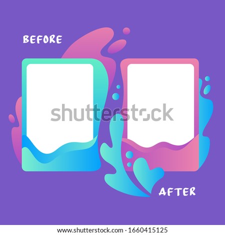 Colorful template before and after surrounded by water splash flat vector illustration. Colored abstract decorative frame with empty place isolated on purple background Royalty-Free Stock Photo #1660415125