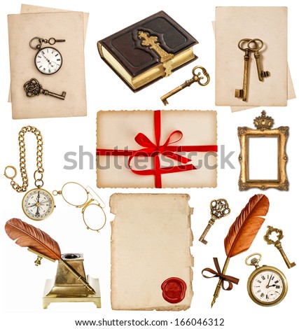 old paper sheets with vintage accessories isolated on white background. antique clock, key, postcard, photo album, feather pen, inkwell, glasses, compass