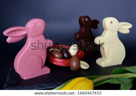 Chocolate Easter Bunnies, around a nest of chocolate eggs.