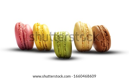 Macarons on White Background. Colorful French Biscuits Set. Traditional Sweet Cookies.