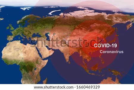 Coronavirus epidemic, word COVID-19 on global map. Novel corona virus outbreak in China. The spread of coronavirus in World. COVID, satellite and China concept. Elements of image furnished by NASA.