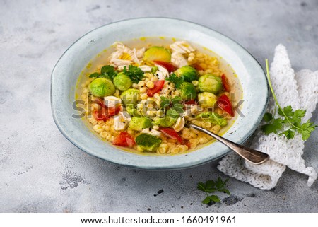 Pasta soup with Brussels sprouts