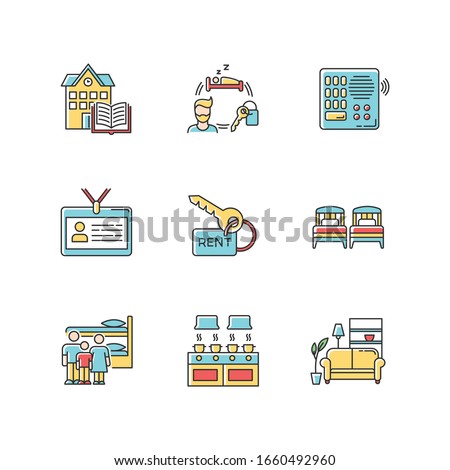 Renting RGB color icons set. Family dormitory. Communal kitchen. Identity card. Living room. Intercom. Shared space. Rental service. Isolated vector illustrations