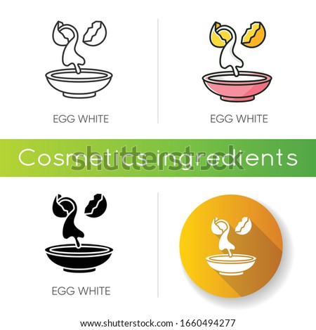 Egg white icon. Cracked shell with albumen. Protein source. Natural moisturizer. Dermatology treatment with organic components. Linear black and RGB color styles. Isolated vector illustrations