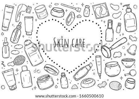 A set of items for skin care. Heart inversion frame. Black outline isolated on white background.