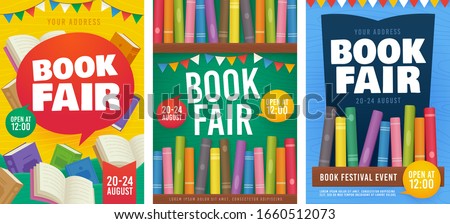 Book Fair poster event Invitation. Bookshelf. Book Festival flyer. Vector illustration