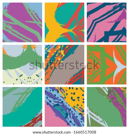 Abstract collage asymmetric pattern. Brush strokes grunge texture. Vector colorful ornament, patchwork quilt style. Digital freehand art backgrounds set for flyer, poster, cover, textile fabric print