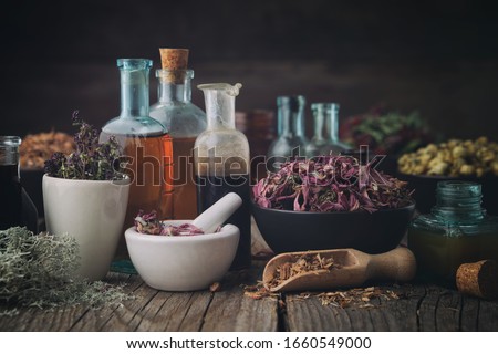 Bottles of healthy tincture or infusion, mortar and bowls of medicinal herbs on wooden table. Herbal medicine. Royalty-Free Stock Photo #1660549000