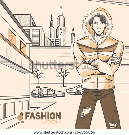 The young beautiful handsome man in field jacket and jeans on the street near route. Urban panorama. Autumn. Cloud. Yellow and brown colors. Comic style, vector. 