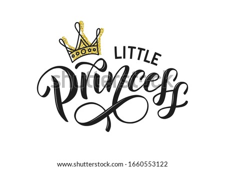 Little princess typography isolated on white with golden crown. Little princess lettering design as logo, t-shirt design and print for girls clothes and apparel. Princess emblem, label, tag. Vector