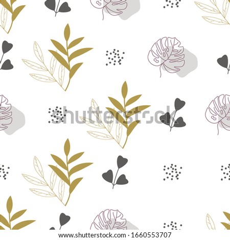 Seamless abstract geometric pattern with natural elements. Leaves, blades of grass and twigs. Bulrush and wildflowers. Exotic tropical leaves of monstera.