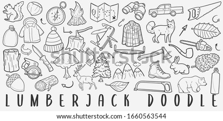 Lumberjack Doodle Line Art Illustration. Hand Drawn Vector Clip Art. Banner Set Logos.
