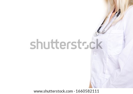 Unrecognizable woman doctor in white uniform on white background with copy space. Royalty-Free Stock Photo #1660582111
