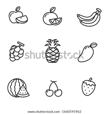 Set of fruits icon in black line design. Fruits vector illustration in black and white design isolated on white background.
