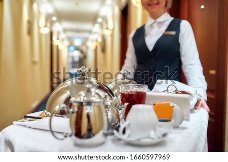 Waitress in uniform delivering tray with food in a room of hotel. Room service. Selective focus on tableware. Horizontal shot Royalty-Free Stock Photo #1660597969