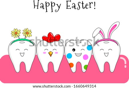 Set of Easter tooth character design. Funny dental cartoon. Happy Easter holiday concept. Vector Illustration isolated on white background.