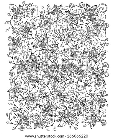 Floral background, hand drawn retro flowers and leaves in shades of gray