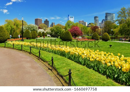 Boston Public Garden and city skyline in the spring, panoramic view