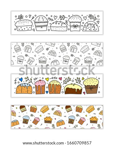 Horizontal banners with doodle Easter kulich cakes or Christmas panettones. Used clipping mask.